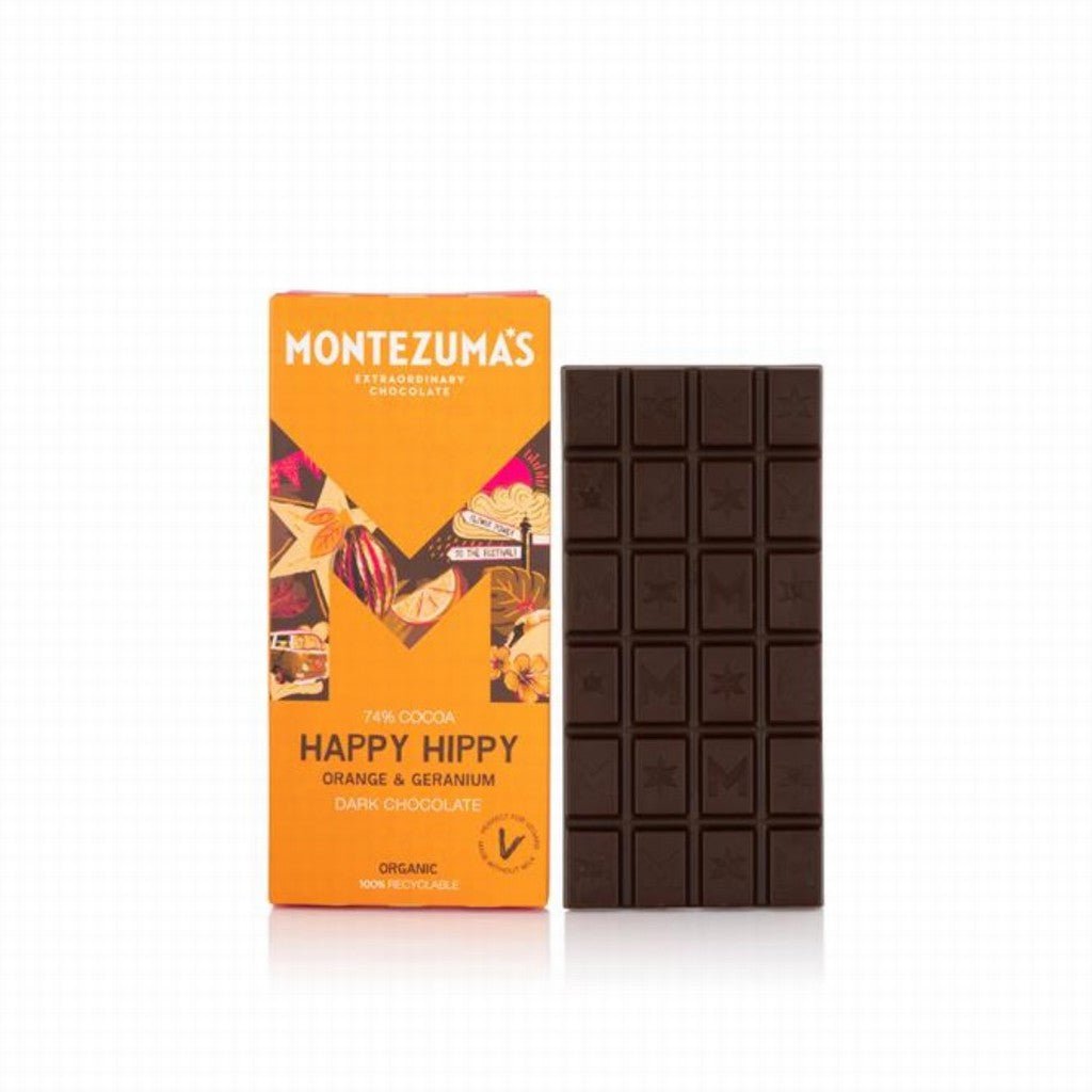 Montezuma's Happy Hippy 74% Dark Organic with Orange & Geranium - Earthfare Supermarket - 5060719920162