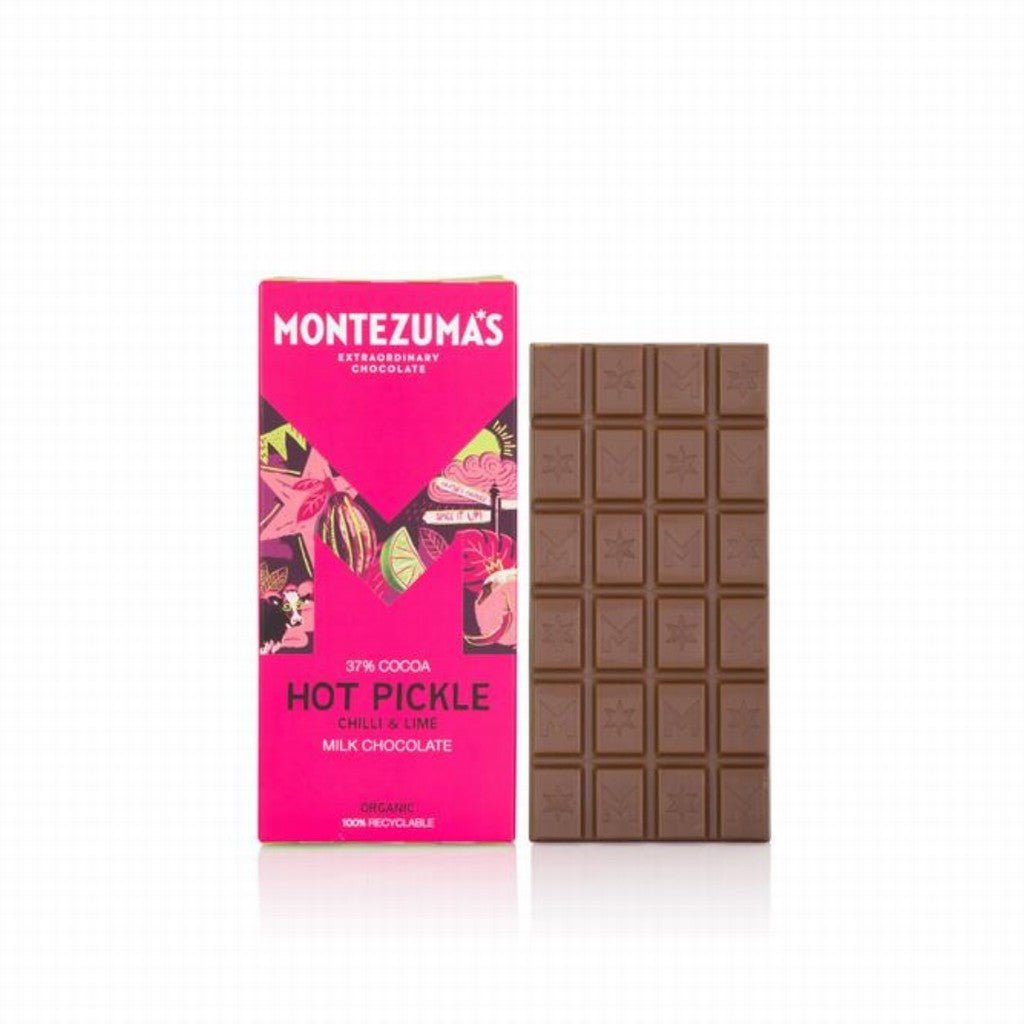 Montezuma's Hot Pickle Organic Milk Chocolate with Lime & Chilli - Earthfare Supermarket - 5060719920407