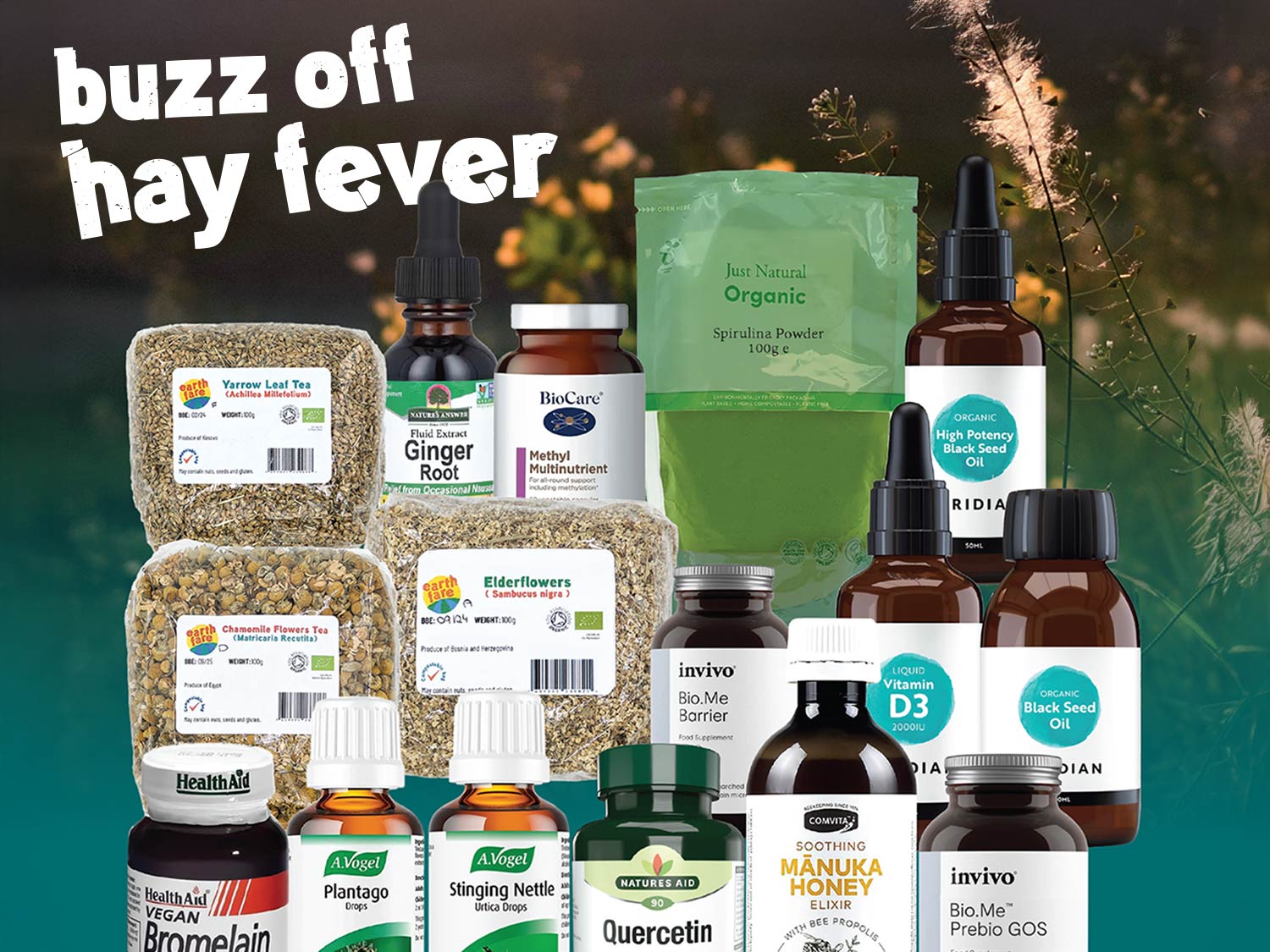 A collection of loose leaf teas and natural supplements on a background of flowers in the dusk sunlight