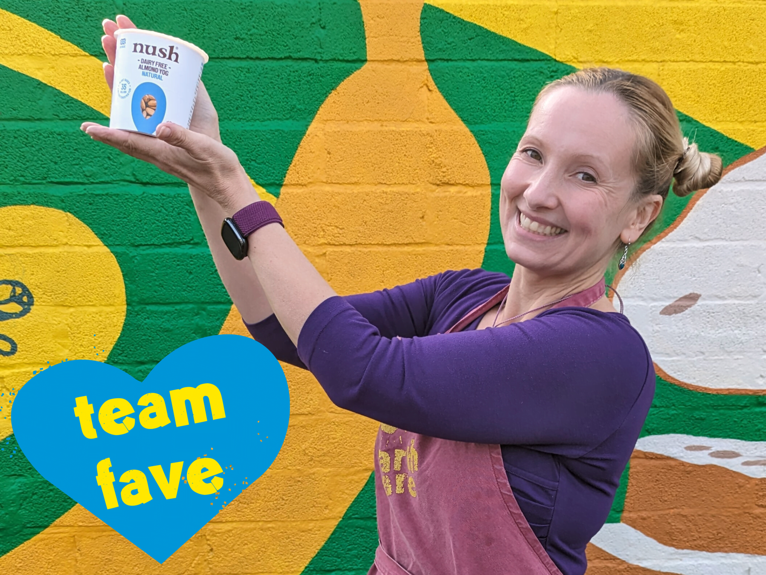 Eathfare team holding up their favourite Nush almond yoghurt