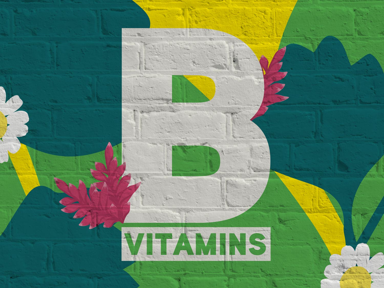 A large letter B set on a green yellow painted mural background