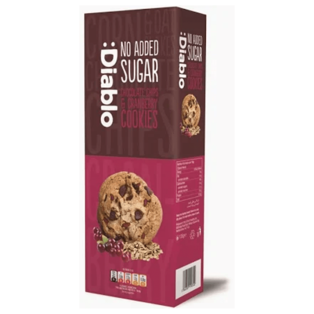 Diablo Sugar Free Choc Chip & Cranberry Cookies 135G - Earthfare Supermarket - 5060309490310