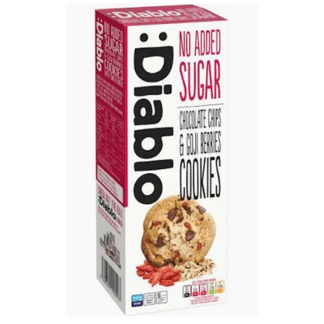 Diablo Sugar Free Choc Chip & Goji Cookies 135G - Earthfare Supermarket - 5060309490297
