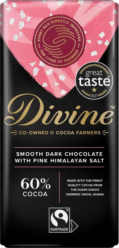 Divine Fairtrade Dark Chocolate with Pink Himalayan Salt 90g - Earthfare Supermarket - 5017397002024